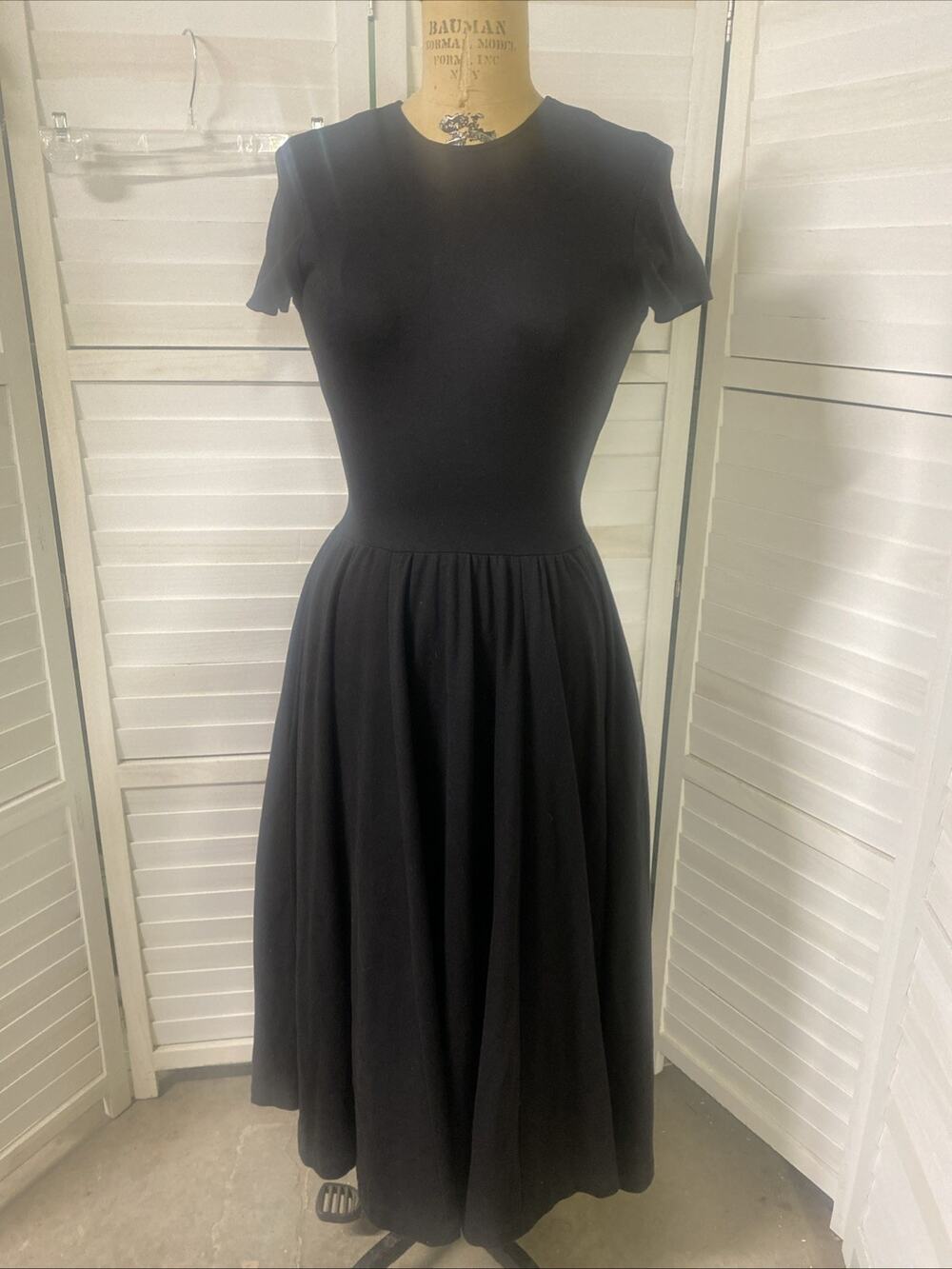 VTG 80s EXPO Black Knit 100% Cotton Fit N Flare Midi Dress Small